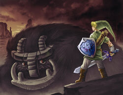  1boy absurdres arm_guards arrow_(projectile) blonde_hair boots cloud cloudy_sky colossus fingerless_gloves fur gloves hat highres hylian_shield link male_focus master_sword parody photoshop_(medium) profile quiver red_eyes shadow_of_the_colossus shield size_difference sky sword the_legend_of_zelda weapon zinfer 