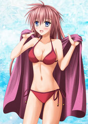  bad_id bad_pixiv_id bikini blue_eyes blush breasts cleavage commentary_request female fingernails long_hair navel open_mouth original photoshop_(medium) pink_hair red_bikini shinoyama_haruka shunrei_(blue_sanctuary) side-tie_bikini_bottom smile standing swimsuit towel 