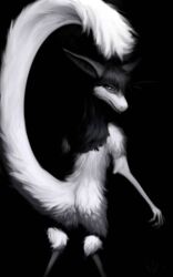  5:8 ambiguous_gender anthro ass beatrix_(caedere) black_background black_hair caedere fluffy fur greyscale hair hi_res looking_at_viewer looking_back mammal monochrome nude out-of-placers rear_view simple_background solo yinglet 