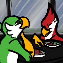  1:1 anonyartist anthro askos avian avian_(starbound) beak closed_eyes date duo feathers feet food furniture green_body green_feathers maladash male male/male nude red_body red_feathers sitting smile starbound table talons toes white_body white_feathers window 