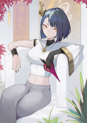  absurdres alternate_costume bird_mask blue_hair breasts casual crop_top female genshin_impact hair_ornament highres holding holding_mask krin_(krinnin) kujou_sara looking_at_viewer mask midriff nail_polish navel pants plant short_hair sitting solo yellow_eyes 