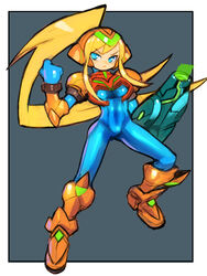  absurdres assault_visor blonde_hair blue_eyes bodysuit breasts closed_mouth dakusuta female gloves gun highres long_hair looking_at_viewer mega_man_(series) metroid ponytail redesign samus_aran simple_background skin_tight solo varia_suit weapon zero_suit 