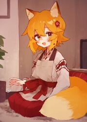  :d animal_ear_fluff animal_ears apron blush bow brown_apron commentary_request female flat_screen_tv flower fox_ears fox_girl fox_tail hair_between_eyes hair_flower hair_ornament hakama hakama_skirt indoors japanese_clothes kimono kotatsu lap_pillow_invitation long_sleeves looking_at_viewer oerba_yun_fang official_art open_mouth orange_hair red_bow red_flower red_hakama rimukoro seiza senko_(sewayaki_kitsune_no_senko-san) sewayaki_kitsune_no_senko-san sitting skirt smile solo table tail television white_kimono wide_sleeves 