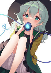  aqua_eyes aqua_hair black_hat bloomers blouse blush buttons closed_mouth collared_shirt diamond_button dutch_angle eyeball feet_out_of_frame female frilled_shirt_collar frilled_skirt frilled_sleeves frills frown green_skirt hair_between_eyes hat hat_ribbon head_tilt heart heart_of_string highres holding holding_eyeball kamachi_(kamati0maru) knees_up komeiji_koishi long_sleeves looking_at_viewer md5_mismatch medium_hair medium_skirt resolution_mismatch ribbon shirt simple_background skirt solo source_larger squatting third_eye touhou underwear wavy_hair white_background white_bloomers wide_sleeves yellow_ribbon yellow_shirt 