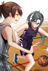  2girls alternate_costume amagiri_(kancolle) asymmetrical_bangs ball basketball basketball_(object) basketball_jersey basketball_uniform bike_shorts commentary dribbling_(basketball) glasses grey_eyes grey_hair grin hair_between_eyes highres kantai_collection katsuobushi_(eba_games) long_hair multiple_girls playing_sports ponytail shikinami_(kancolle) shorts_under_shorts sleeveless smile sportswear symbol-only_commentary very_long_hair 