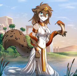  2022 adobe_photoshop_(artwork) anthro arm_cuffs arthropod bracelet breasts canid canine cattail_(plant) cleavage clothed clothing clothing_lift cobra coiled_tail collar colored conditional_dnp crown detailed_background digital_media_(artwork) dragonfly dress dress_lift duo egyptian egyptian_belt egyptian_clothing felid female feral forked_tongue fur headdress headgear hi_res hybrid insects jewelry kathrin_vaughan keidran looking_at_viewer mammal markings midriff navel necklace outside palm_tree pantherine partially_submerged pillar plant reeds reptile river scalie skimpy smile snake sphinx_(sculpture) spots spotted_body spotted_fur tail temple text tiara tom_fischbach tongue tongue_out tree twokinds url water 