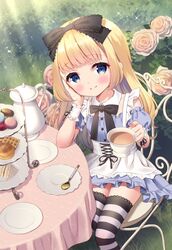  alice_(alice_in_wonderland) alice_in_wonderland apron black_bow blonde_hair blue_dress blue_eyes blue_sleeves blush bow chair chitosezaka_suzu closed_mouth commentary_request cup day detached_sleeves dress female flower food frilled_apron frills hairbow holding holding_cup long_hair macaron on_chair outdoors puffy_short_sleeves puffy_sleeves rose rose_bush sandwich saucer short_sleeves sitting smile solo spoon strapless strapless_dress striped_clothes striped_thighhighs table tablecloth teacup teapot thighhighs tiered_tray very_long_hair waffle white_apron wrist_cuffs 