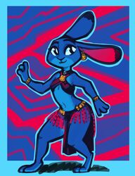  2020 anthro barefoot belly_dancer blue_border border bottomwear bracelet choker clothed clothing dancing dipstick_ears disney ear_markings ear_piercing feet female fuel_(artist) halter_top hi_res jewelry judy_hopps lagomorph leporid loincloth mammal multicolored_ears navel necklace pattern_background piercing rabbit restricted_palette simple_background smile solo zootopia 