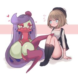  2girls aliceyawnin alternate_color bad_id bad_tumblr_id black_legwear blue_eyes breasts brown_hair claire_(clarevoir) commentary english_commentary eye_contact flying_sweatdrops full_body gloria_(pokemon) heart looking_at_another multiple_girls no_shoes pokemon pokemon_(creature) pokemon_swsh purple_eyes shiny_pokemon sitting small_breasts socks tsareena 