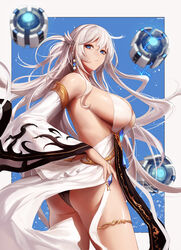  ass bangs banned_artist bare_shoulders black_panties blue_eyes border breasts closed_mouth detached_sleeves dress dungeon_and_fighter earrings female female_gunner_(dungeon_and_fighter) half_updo highres jewelry korean_commentary large_breasts long_hair monaim panties sideboob silver_hair thighlet thighs underwear very_long_hair white_border white_dress wide_sleeves 