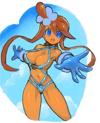  blue_eyes breasts cloud commentary_request dakusuta female gloves hair_ornament large_breasts long_hair looking_at_viewer navel open_mouth pokemon pokemon_bw red_hair sidelocks skyla_(pokemon) solo swimsuit 