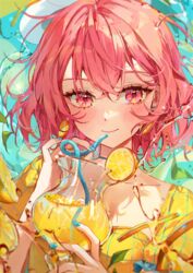  absurdres aqua_nails blush closed_mouth cup drinking_straw earrings female food food-themed_earrings fruit hands_up highres holding holding_cup indie_utaite jewelry lemon lemon_earrings lemon_slice lemonade looking_at_viewer medium_hair nail_polish nqrse pink_eyes pink_hair short_sleeves smile solo upper_body utaite ye_jji 