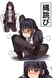  absurdres black_hair blush bound brown_eyes commentary crying earrings failure female formal grappler_baki hair_between_eyes highres jewelry kashimoto_riko long_hair muyoshito pants parody pout scene_reference shirt shoes suit sweat teardrop tearing_up tears tied_up_(nonsexual) translated umamusume unlikely_accident white_shirt you&#039;re_doing_it_wrong 