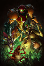  alien arm_cannon armor claws crocomire dark_background dave_rapoza draygon extra_eyes fangs female helmet highres kraid looking_at_viewer metroid metroid_(creature) monster phantoon power_armor ridley rock samus_aran stalagmite super_metroid tongue varia_suit weapon wings 