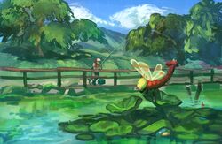  1boy bad_id bad_pixiv_id blue_sky day fence fisher_(pokemon) fishing fishing_rod flying holding holding_fishing_rod lotad outdoors pokemon pokemon_(creature) pokemon_oras ponimu sky tree water yanma 