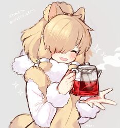  alpaca_ears alpaca_girl alpaca_suri_(kemono_friends) alpaca_tail animal_ears brown_vest closed_eyes commentary_request female fur_collar fur_trim glass_teapot hair_bun hair_over_one_eye hair_tubes kemono_friends long_sleeves noamem shirt short_hair single_hair_bun solo sparkle steam tail tea teapot translation_request vest white_hair white_shirt 