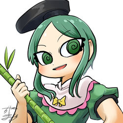  @_@ bamboo bow chamaji commentary dress female frilled_shirt_collar frills green_dress green_hair hat holding_bamboo_shoot looking_at_viewer lowres profile_picture short_hair short_hair_with_long_locks short_sleeves signature solo tate_eboshi teireida_mai touhou upper_body white_background yellow_bow 