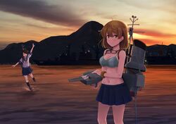  2girls arm_up bad_id bad_twitter_id bikini black_hair black_socks blue_sailor_collar blue_skirt blush braid breasts brown_eyes chains hair_between_eyes highres ichikawa_feesu kantai_collection kneehighs long_hair machinery medium_breasts mountain multiple_girls navel oboro_(kancolle) ocean one_eye_closed open_mouth orange_hair outdoors pleated_skirt sailor_collar school_uniform serafuku ship short_hair short_sleeves single_braid skirt smile smokestack socks standing standing_on_liquid swimsuit turret uranami_(kancolle) water watercraft 