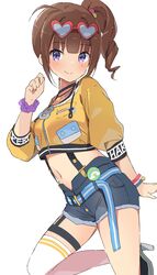  ahoge arm_behind_back belt blue_belt blue_shorts blush breasts brown_hair choker clenched_hand commentary_request denim denim_shorts eyewear_on_head female hand_up heart heart-shaped_eyewear highres idolmaster idolmaster_million_live! idolmaster_million_live!_theater_days jacket leg_up long_sleeves looking_at_viewer medium_breasts medium_hair midriff mochigome_(ununquadium) multicolored_clothes navel purple_eyes scrunchie shoes shorts side_ponytail single_thighhigh smile solo suspender_shorts suspenders thigh_strap thighhighs thighs white_thighhighs wristband yellow_jacket yokoyama_nao 