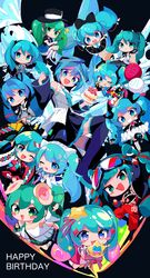  39 6+girls :&gt; :d :q ;d absurdres ahoge aqua_eyes aqua_hair arm_up asymmetrical_legwear balloon bare_shoulders bell belt black_background black_bow black_footwear black_headwear black_jacket black_skirt black_sleeves black_thighhighs blue_eyes blue_hair blue_necktie blush_stickers boots bow bowtie buttons cake chibi clown_mask commentary cross-laced_footwear detached_sleeves double-breasted dress everyone flower folding_fan food frilled_skirt frills full_body gloves goggles goggles_on_head green_eyes green_hair grin hair_between_eyes hair_flower hair_ornament hairbow hand_fan happy_birthday hat hat_ornament hatsune_miku hatsune_miku_happy_16th_birthday_-dear_creators- highres holding holding_bell holding_fan holding_microphone holding_plate holding_wand jacket japanese_clothes jewelry kasaki_sakura kimono lace-up_boots legs_together long_hair long_sleeves looking_at_viewer magical_mirai_(vocaloid) magical_mirai_miku magical_mirai_miku_(2013) magical_mirai_miku_(2014) magical_mirai_miku_(2015) magical_mirai_miku_(2016) magical_mirai_miku_(2017) magical_mirai_miku_(2018) magical_mirai_miku_(2019) magical_mirai_miku_(2020_summer) magical_mirai_miku_(2020_winter) magical_mirai_miku_(2021) magical_mirai_miku_(2022) magical_mirai_miku_(2023) magician mask microphone microphone_wand mini_hat mini_top_hat multicolored_eyes multicolored_hair multiple_girls navel necklace necktie oerba_yun_fang off_shoulder one_eye_closed open_mouth pill pink_bow pink_dress pink_eyes pink_hair plate puffy_short_sleeves puffy_sleeves red_hair shirt short_sleeves simple_background skirt sleeveless sleeveless_dress sleeveless_shirt smile star_(symbol) star_hair_ornament star_hat_ornament striped_clothes striped_thighhighs thigh_boots thighhighs tongue tongue_out top_hat twintails two-tone_hair v_over_eye vertical-striped_clothes vertical-striped_thighhighs very_long_hair vocaloid wand white_belt white_bow white_flower white_headwear white_shirt wide_sleeves yellow_bow 