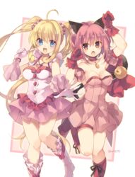  2girls :d :o ahoge animal_ear_fluff animal_ears arm_up bare_shoulders bell blonde_hair blue_eyes blush boots bow breasts cat_ears cat_girl cat_tail cleavage collarbone commentary crossover detached_sleeves dress frills gloves hair_between_eyes jingle_bell long_hair magical_girl medium_breasts mermaid_melody_pichi_pichi_pitch mew_ichigo momomiya_ichigo multiple_girls nanami_lucia nanami_lucia_(idol) open_mouth paw_pose pink_dress pink_footwear pink_gloves pink_hair pink_skirt pink_sleeves pleated_dress pleated_skirt puffy_short_sleeves puffy_sleeves red_bow red_eyes red_footwear red_gloves rento_(rukeai) short_sleeves skirt smile standing standing_on_one_leg strapless strapless_dress tail tail_bell tail_bow tail_ornament tokyo_mew_mew twintails twitter_username very_long_hair 