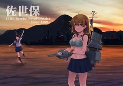  2girls arm_up bandaid bandaid_on_face bikini black_hair black_socks blue_sailor_collar blue_skirt blush braid breasts brown_eyes chains hair_between_eyes highres ichikawa_feesu kantai_collection kneehighs long_hair machinery medium_breasts mountain multiple_girls navel oboro_(kancolle) ocean one_eye_closed open_mouth orange_hair outdoors pleated_skirt revision sailor_collar school_uniform serafuku ship short_hair short_sleeves single_braid skirt smile smokestack socks standing standing_on_liquid swimsuit turret uranami_(kancolle) water watercraft 