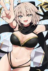  ahoge asymmetrical_gloves bare_shoulders bikini black_bikini black_bow black_gloves black_scarf blonde_hair blush bow breasts cleavage elbow_gloves fate/grand_order fate_(series) female gloves hairbow highleg highleg_bikini highres koha-ace layered_bikini looking_at_viewer navel okita_j._souji_(fate) okita_j._souji_(first_ascension)_(fate) okita_souji_(fate) scarf short_hair single_elbow_glove single_glove smile solo swimsuit thigh_strap toyosu uneven_gloves yellow_eyes 