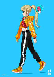  alternate_costume blonde_hair blue_background blue_eyes casual champion_(company) commentary contemporary crop_top cropped_hoodie english_commentary female from_side highres hood hood_down hoodie long_hair metroid metroid_(creature) midriff nike_(company) nike_air_force_1 orange_hoodie ponytail product_placement samus_aran shoes simple_background smartwatch sneakers solo_focus supreme_(brand) tom_skender walking watch wristwatch 