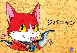  anthro asian_mythology blep clothing cloud collar domestic_cat east_asian_mythology felid feline felis fur head_tuft jacket japanese_mythology japanese_text jibanyan level-5 looking_at_viewer low_res male mammal mythology notched_ear ofuda pattern_background red_body red_fur rhonbon shirt signature simple_background sky spirit talisman text tongue tongue_out topwear tuft whiskers yo-kai_watch yokai 