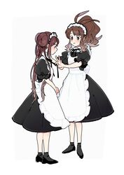  2girls adjusting_neck_ribbon alternate_costume apron black_dress black_footwear black_ribbon blush bow brown_hair closed_mouth commentary double_bun dress enmaided full_body grey_legwear hagetapo hair_bun high_ponytail hilda_(pokemon) long_hair maid maid_headdress multiple_girls neck_ribbon pokemon pokemon_bw pokemon_bw2 ribbon rosa_(pokemon) shoes short_sleeves sidelocks simple_background socks standing white_apron white_background 