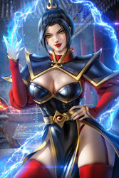  artist_name avatar:_the_last_airbender avatar_legends ayya_sap azula black_hair blue_fire breasts cleavage contrapposto cowboy_shot electricity eyeliner female fingernails fire framed_breasts garter_straps hair_bun hair_ornament hand_on_own_hip hand_up high_collar large_breasts lightning lips lipstick long_bangs long_fingernails long_sleeves looking_at_viewer magic makeup medium_breasts panties parted_bangs parted_lips patreon_username pelvic_curtain photoshop_(medium) puffy_sleeves red_lips red_panties red_thighhighs single_hair_bun solo standing thighhighs underwear yellow_eyes 