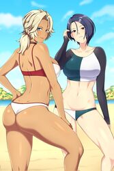  2girls alternate_costume ass asymmetrical_hair beach bikini blonde_hair blue_eyes blue_sky breasts catherine_(fire_emblem) closed_mouth commission dark-skinned_female dark_skin day fire_emblem fire_emblem:_three_houses hair_tie hand_on_own_hip highres large_breasts lindaroze long_hair long_sleeves looking_at_viewer looking_back mature_female multiple_girls navel open_mouth ponytail purple_eyes shamir_nevrand short_hair sky standing swimsuit thighs water white_bikini 