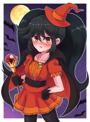  ashley_(warioware) bat_(animal) black_gloves black_hair black_pantyhose blush border cape dress female gloves halloween hat highres jewelry long_hair looking_at_viewer moon necklace pantyhose red_dress red_eyes red_hat skull_necklace solo twintails wakaba_(wata_ridley) wand warioware white_border witch witch_hat 