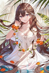  bare_shoulders blush bow braid breasts brown_hair cleavage collarbone commentary dew_drop dress earrings eyelashes female fingernails flower flower_bracelet hair_between_eyes hairbow halterneck hands_up highres jewelry leaf long_eyelashes long_hair looking_at_viewer medium_breasts okuma_mai orange_flower original petals purple_eyes shadow smile solo very_long_hair water water_drop wet white_bow white_dress white_flower white_nails 