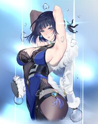  armpits ass au11 black_gloves black_hair black_pantyhose blue_dress blue_eyes breasts bubble cleavage collar dress female from_side genshin_impact gloves highres large_breasts looking_at_viewer pantyhose short_hair side_slit solo underwater yelan_(genshin_impact) 