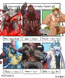  3_fingers 5_fingers absurd_res animal_humanoid anthro armband belt black_clothing black_shirt black_topwear blue_body blue_eyes blue_fur bovid bovid_humanoid bovine bovine_humanoid brand_new_animal brown_clothing brown_eyes brown_hair brown_underwear canid canine canis capcom cigar claws clothed clothing coat english_text facial_hair fanged_wyvern fingers football_helmet fur generation_6_pokemon grey_body grey_scales group gyumao_(tas) hair hi_res horn humanoid lifewonders looking_at_viewer male mammal mammal_humanoid mega_evolution mega_lucario meme monster_hunter muscular muscular_male necktie nintendo nipples odogaron one_eye_closed open_mouth pecs pokemon pokemon_(species) red_body red_clothing red_eyes red_scales red_shirt red_topwear scales scar sharp_teeth shirou_ogami shirt sitting six_fanarts_challenge skarltano studio_trigger stygian_zinogre suit teeth text toe_claws tokyo_afterschool_summoners topless topwear towel towel_around_neck underwear wakan_tanka_(tas) wolf yellow_body yellow_fur zinogre 