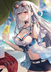  ahoge arknights bare_shoulders belt black_choker black_shorts blue_sky breasts choker cleavage commentary cowboy_shot cup day drinking_glass drinking_straw eyewear_on_head female grey_hair hair_between_eyes hair_ornament highres holding holding_cup large_breasts long_hair looking_at_viewer navel no_headwear official_alternate_costume orca_hair_ornament outdoors parted_lips red_eyes short_shorts shorts skadi_(arknights) skadi_(waverider)_(arknights) sky solo standing stomach sunglasses tarutaru_yamaoka white_belt 