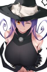  ;) absurdres bare_shoulders black_hat black_shirt blair_(soul_eater) breasts breasts_squeezed_together commentary female flipped_hair foreshortening from_above hair_between_eyes halter_shirt halterneck hat highres huge_breasts impossible_clothes impossible_shirt kurogane_tekki looking_at_viewer one_eye_closed purple_hair shirt simple_background skin_tight smile solo soul_eater v_arms white_background witch_hat yellow_eyes 