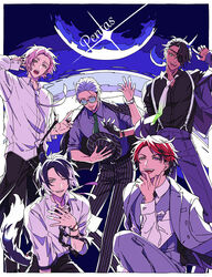  5boys ahoge alternate_costume alternate_hairstyle animal_ears aragami_oga arurandeisu barcode barcode_tattoo beard black_gloves black_hair black_necktie black_pants black_shirt bracelet collarbone commentary curtained_hair dark-skinned_male dark_skin ear_piercing earrings eyepatch facial_hair fangs fedora feet_out_of_frame formal gloves gradient_necktie green_eyes green_necktie grey_hair grey_pants grey_shirt grey_vest hair_slicked_back hand_on_own_chest hand_on_own_chin hand_on_own_head hand_up hat hat_on_chest heterochromia highres holostars horns ice_horns jackal_boy jackal_ears jackal_tail jacket jacket_on_shoulders jewelry kageyama_shien leaning long_sleeves looking_at_viewer low_ponytail male_focus marutiyo md5_mismatch mole mole_under_eye moon moonlight multicolored_hair multiple_boys necktie one_eye_closed open_collar open_hand open_mouth orange_eyes orange_hair overskirt pants parted_bangs piercing pink_hair pocket_square polka_dot_necktie purple_eyes purple_ribbon ribbon rikka_(holostars) ring sharp_teeth shirt single_earring single_glove single_horn sitting sleeves_past_elbows sleeves_past_wrists sleeves_rolled_up smile song_name standing streaked_hair striped_clothes striped_headwear striped_suit suit suspenders suspenders_pull swept_bangs tattoo teeth tinted_eyewear two-tone_hair unworn_hat unworn_headwear upper_teeth_only v-shaped_eyebrows vest virtual_youtuber watch white_hair white_shirt wristwatch yellow_eyes yukoku_roberu 