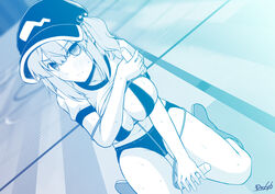  bikini blue_theme blurry blurry_background blush boots bound breasts closed_mouth clothes_lift commentary_request dutch_angle expressionless female flat_cap full_body hair_bobbles hair_ornament hat highres jump_rope kagiyama_shachou kawashiro_nitori large_breasts looking_at_viewer medium_hair monochrome shirt shirt_lift sidelocks sitting solo swimsuit touhou two_side_up unlikely_accident wariza 