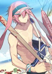  1boy animal_ears ansel_(arknights) ansel_(casual_vacation)_(arknights) arknights baseball_bat beach bishounen cloud cowboy_shot food fruit hat lop_rabbit_ears male_focus outdoors pink_hair rabbit_boy rabbit_ears red_eyes shorts solo surfboard sweat toned toned_male topless_male visor_cap watermelon yszx 