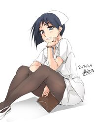  black_hair black_pantyhose dated female grey_eyes hat highres nurse nurse_cap original osawa_(zekkyon) pantyhose shirt short_hair short_sleeves signature simple_background sitting smile solo watch white_background white_shirt wristwatch zekkyon 