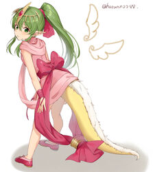  dragon_tail dress female fire_emblem fire_emblem:_mystery_of_the_emblem green_eyes green_hair hair_between_eyes haru_(nakajou-28) highres legs_apart long_hair looking_at_viewer pink_dress pink_footwear pink_ribbon pointy_ears ponytail ribbon shoes sidelocks simple_background solo standing tail tiara tiki_(fire_emblem) tiki_(young)_(fire_emblem) twitter_username white_background wrist_ribbon 