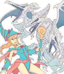  bare_shoulders blonde_hair blue-eyes_white_dragon blue_eyes blue_headwear bracer cosplay crossover dark_magician_girl dark_magician_girl_(cosplay) female highres jewelry metroid multiple_heads necklace ridley samus_aran staff super_metroid super_smash_bros. thighs truejekart white_skin yuu-gi-ou 