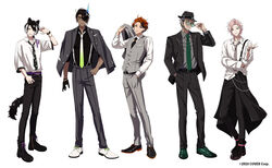  5boys adjusting_eyewear ahoge alternate_costume alternate_hairstyle animal_ears ankle_belt ankle_boots aragami_oga arurandeisu barcode barcode_tattoo beard belt black_belt black_footwear black_gloves black_hair black_necktie black_pants black_shirt boots bracelet collarbone commentary contrapposto copyright_notice curtained_hair dark-skinned_male dark_skin ear_piercing earrings eyepatch facial_hair fedora formal full_body gloves gradient_clothes gradient_necktie green_eyes green_footwear green_necktie grey_hair grey_pants grey_shirt grey_vest hand_in_pocket hand_on_eyewear hand_on_own_hip hand_up hat heterochromia holostars horns ice_horns jackal_boy jackal_ears jackal_tail jacket jacket_on_shoulders jacket_over_shoulder jewelry kageyama_shien lapel_pin legs_apart long_sleeves looking_at_viewer low_ponytail male_focus marutiyo mole mole_under_eye multicolored_hair multiple_boys necktie official_art open_collar orange_eyes orange_hair overskirt oxfords pants parted_bangs parted_lips piercing pink_hair pocket_square polka_dot_necktie purple_belt purple_eyes purple_ribbon ribbon rikka_(holostars) ring serious shirt shirt_partially_tucked_in short_hair single_earring single_glove single_horn sleeves_past_elbows sleeves_past_wrists sleeves_rolled_up smile standing streaked_hair striped_clothes striped_headwear striped_suit suit suspenders swept_bangs tattoo tinted_eyewear two-tone_hair unworn_jacket v-shaped_eyebrows vest virtual_youtuber waist_cape watch white_background white_footwear white_hair white_shirt wristwatch yellow_eyes yukoku_roberu 