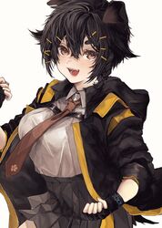  :d animal_ears arknights bad_id bad_twitter_id black_gloves black_hair black_jacket black_skirt breasts brown_eyes brown_necktie clenched_hands commentary dog_ears female fingerless_gloves gloves hair_between_eyes jacket jackie_(arknights) large_breasts long_sleeves looking_at_viewer miniskirt necktie open_mouth pleated_skirt shirt short_hair simple_background skirt smile solo whale_(kujira_0606) white_background white_shirt 