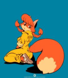  2021 anthro artist_name black_nose blue_background canid canine cheek_tuft clothing conditional_dnp countershade_face countershading dipstick_tail english_text facial_tuft female fluffy fluffy_tail footwear fox fox-pop freckles furgonomics go_to_horny_jail hi_res jumpsuit kneeling looking_at_viewer looking_back loose_footwear mammal markings meme patricia_mac_sionnach plantar_flexion red_fox shoes simple_background solo tail tail_markings text true_fox tuft twintails 