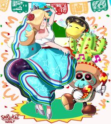  absurdres blonde_hair blue_dress blue_eyes breasts brown_footwear cactus calavera cleavage confetti crown dancing dress earrings female flower hat high_heels highres instrument jewelry long_dress looking_to_the_side luma_(mario) maracas mario_(series) mexican_dress mexican_flag musical_note papel_picado poncho rosalina rose sarukaiwolf silver_footwear skirt_hold skull smile sombrero super_mario_odyssey tostarenan 