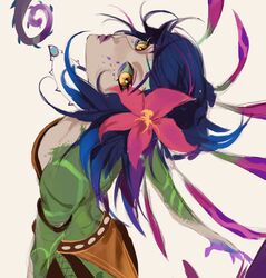  blue_hair chameleon_girl chameleon_tail female flower grey_hair hair_flower hair_ornament highres jewelry league_of_legends looking_at_viewer necklace neeko_(league_of_legends) parted_lips purple_lips short_hair simple_background solo standing swept_bangs tail tie_(yoooeeeeeeeeee) upper_body yellow_eyes 