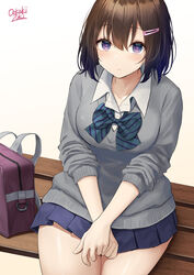  bag bench blouse blue_bow blue_bowtie blue_skirt blush bow bowtie breasts brown_hair closed_mouth commentary female gradient_background hair_between_eyes hair_ornament hairclip highres large_breasts oekakizuki original pleated_skirt purple_eyes school_uniform shirt short_hair signature simple_background sitting skirt solo striped_bow striped_bowtie striped_clothes symbol-only_commentary yellow_background 